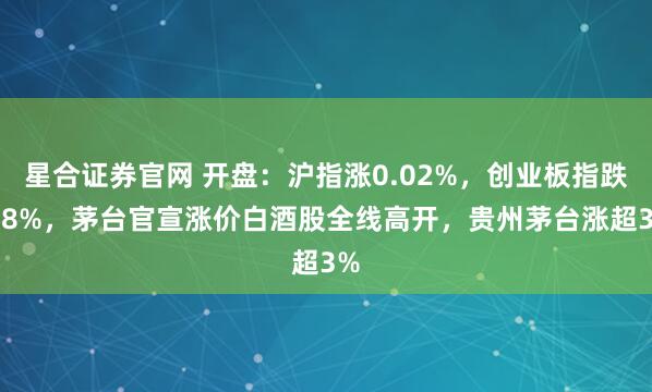 星合证券官网 开盘：沪指涨0.02%，创业板指跌0.8%，茅台官宣涨价白酒股全线高开，贵州茅台涨超3%